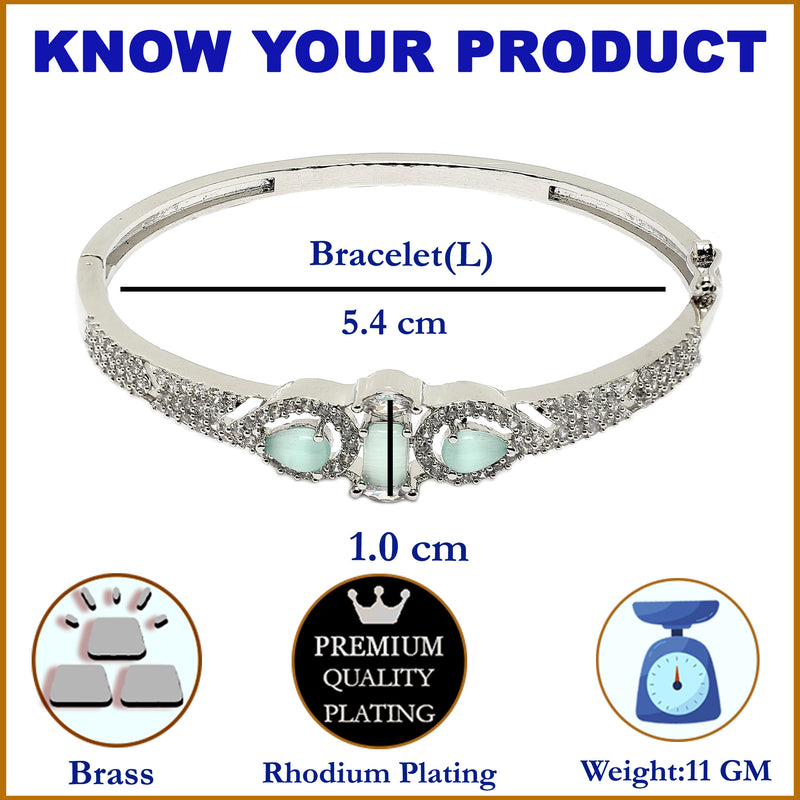 Rhodium-Plated Silver Toned Teardrop & Square Shaped Sea Green American Diamond Studded Bracelet