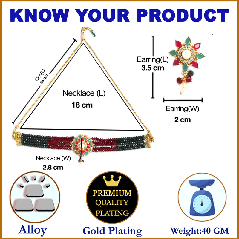 Red & Green Gold-Plated American Diamond Stone Studded & Beaded Jewellery Set