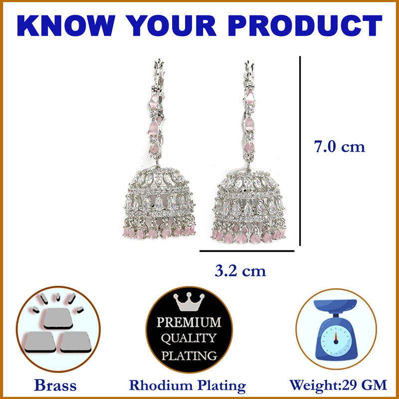 Rhodium Plated Silver Toned with Pink & White American Diamond Jhumka Earrings