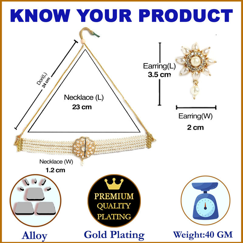 Multi-String Choker Off White Pearl Studded Jewelry Set