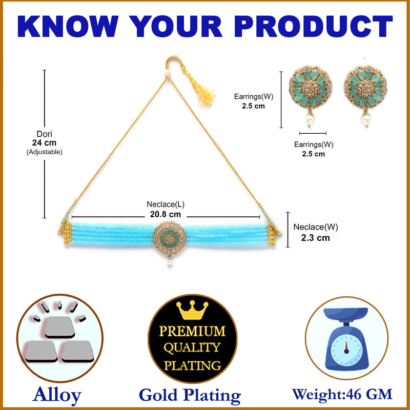 Turqoise Blue Gold-Plated Stone Studded Multistrand Choker Necklace with Earring