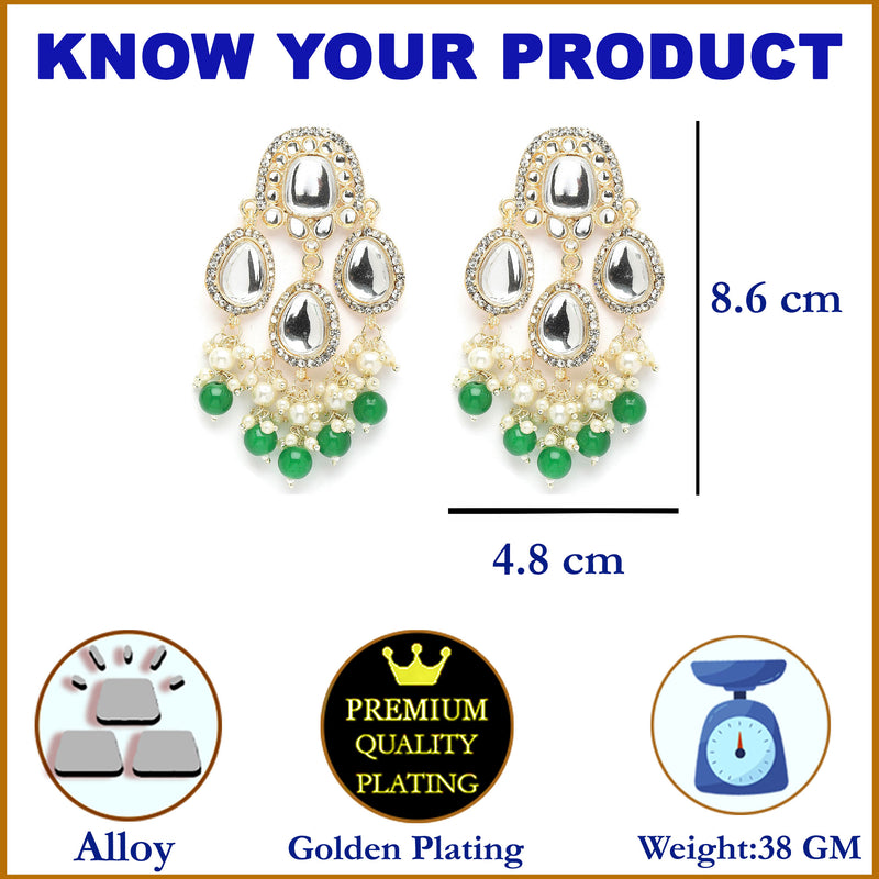 Gold-Plated Kundan & Green Pearls studded Teardrop Shaped Mirror Drop Earrings