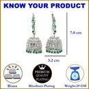 Rhodium Plated Silver Toned with Green & White American Diamond Jhumka Earrings