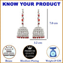 Rhodium Plated Silver Toned with Red & White American Diamond Jhumka Earrings