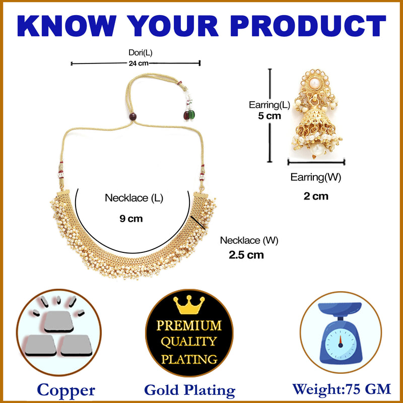 Zeneme Jewellery Set Gold Plated White Pearl Temple Style Necklace Set Jewellery with Earrings for Girls & Women