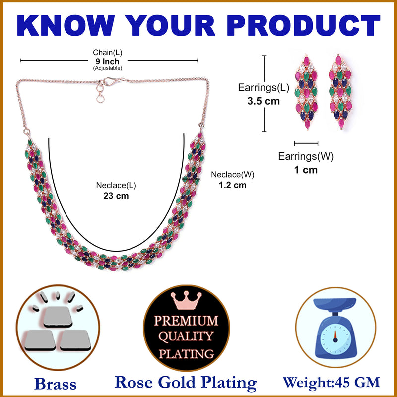 Pink Blue Green & White Rose Gold-Plated American Diamond-Studded Handcrafted Jewellery Set