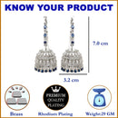 Rhodium Plated Silver Toned with Blue & White American Diamond Jhumka Earrings