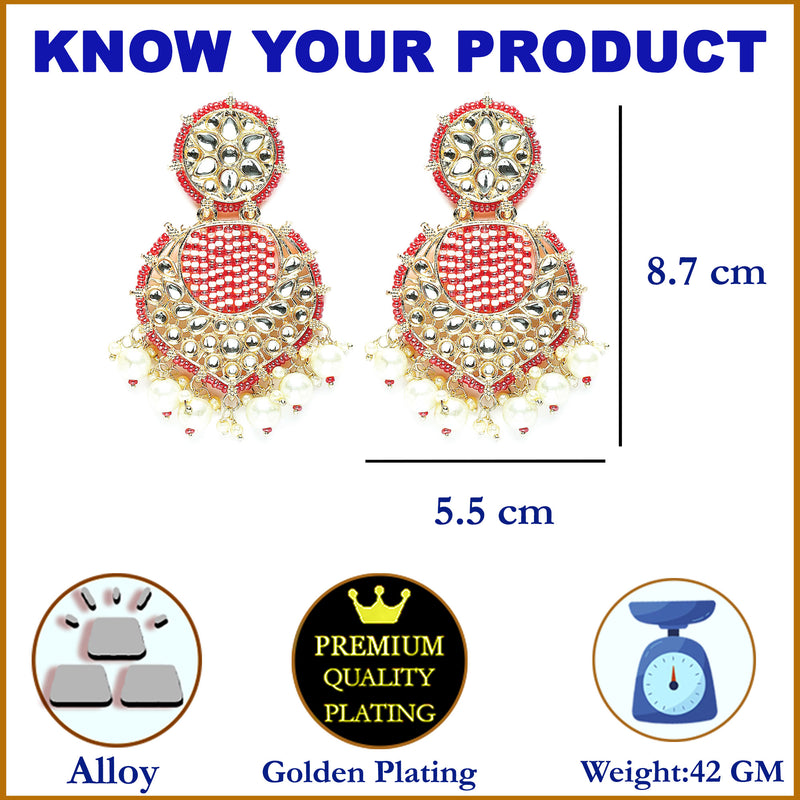 Gold-Plated Red Beads White Pearls & Kundan studded Handcrafted Crescent Shaped Drop Earrings