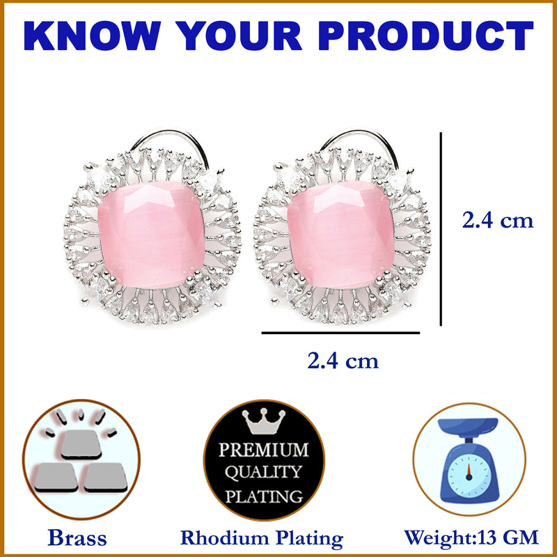 Rhodium-Plated Pink & White American Diamond studded Contemporary Round Stud Earrings