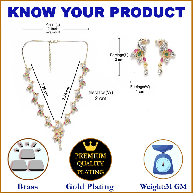 Peacock Shaped Gold-Plated with Silver-Toned Pink and Green American Diamond Studded Handcrafted Jewellery Set