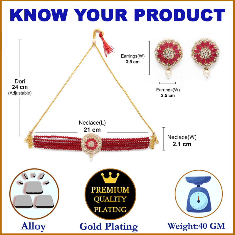 Red Gold-Plated Stone Studded Multistrand Choker Necklace & Earrings