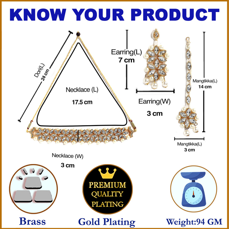 Flower Shaped Gold-Plated Kundan Pearl & Crystal  Studded Necklace With Crystal Studded Earrings And Maang Tikka Antique Choker Jewellery Set