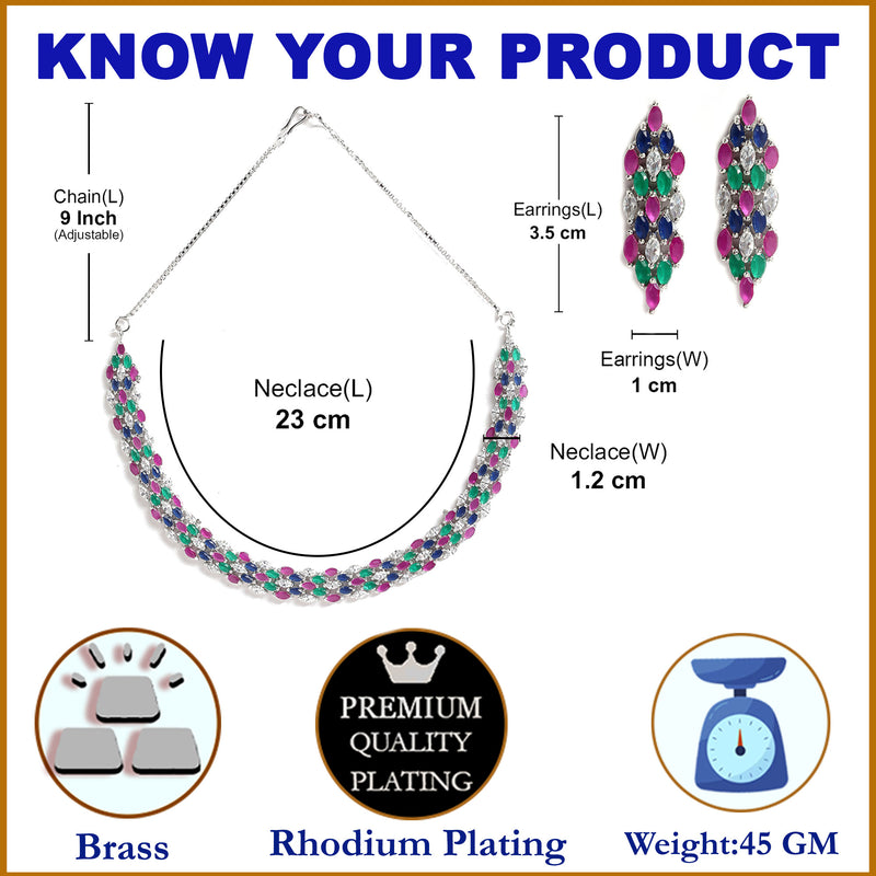 Rhodium-Plated with Silver-Tone Pink Blue White & Green American Diamond Studded Jewellery Set