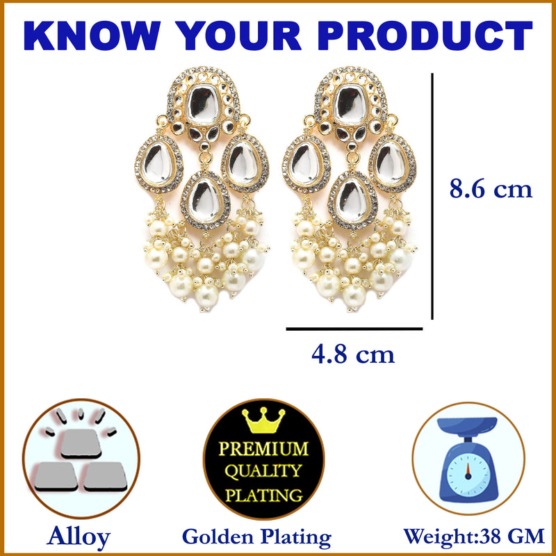 Gold-Plated Kundan & White Pearls studded Teardrop Shaped Mirror Drop Earrings