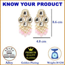 Gold-Plated Kundan & Pink Pearls studded Teardrop Shaped Mirror Drop Earrings