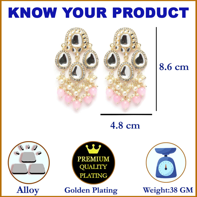 Gold-Plated Kundan & Pink Pearls studded Teardrop Shaped Mirror Drop Earrings