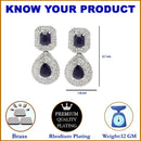Rhodium-Plated Navy Blue & White American Diamond studded Square & Teardrop Shaped Drop Earrings