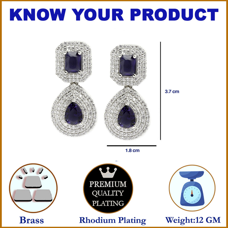 Rhodium-Plated Navy Blue & White American Diamond studded Square & Teardrop Shaped Drop Earrings