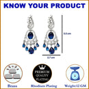 Rhodium Plated Oval Blue American Diamond Contemporary Long Drop Earrings