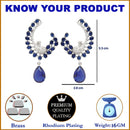 Rhodium Plated Peacock Feather Blue American Diamond Contemporary Long Drop Earrings