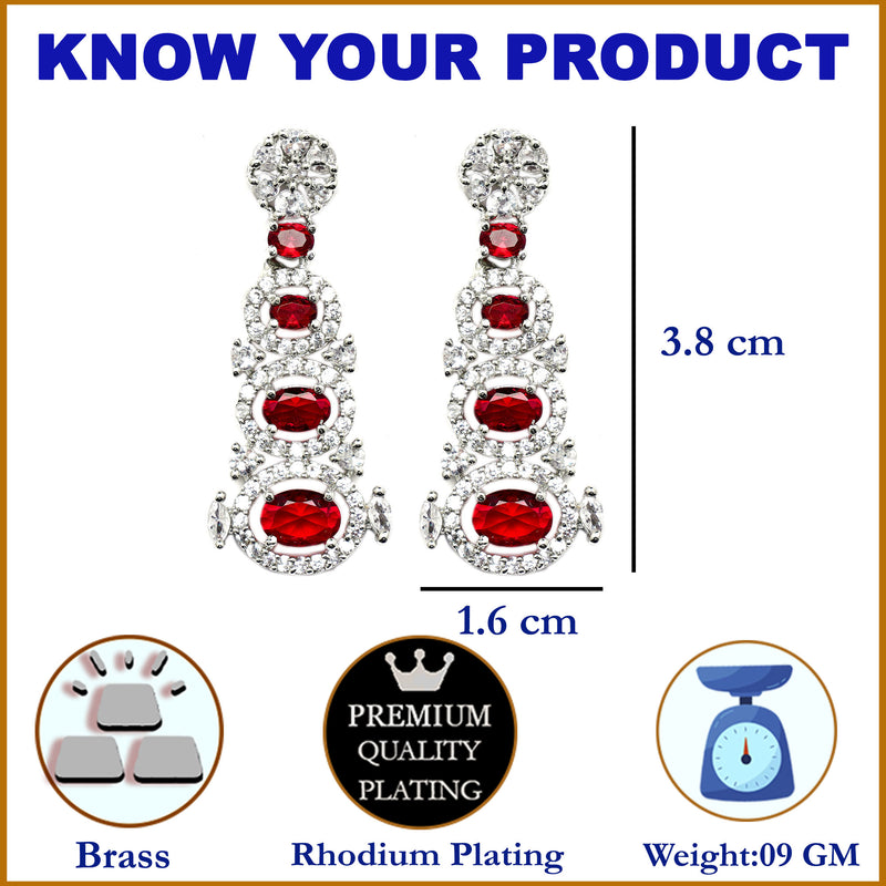 Rhodium-Plated Red American Diamond studded Quirky Shaped Drop Earrings