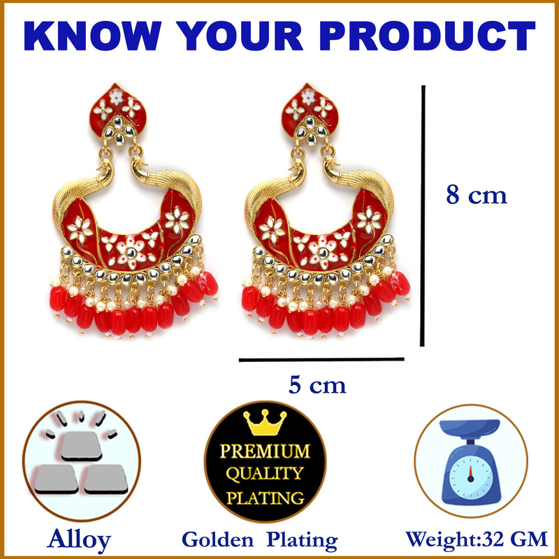 Gold-Plated Red Kundan & White Pearls studded Peacock Shaped Handcrafted Drop Earrings