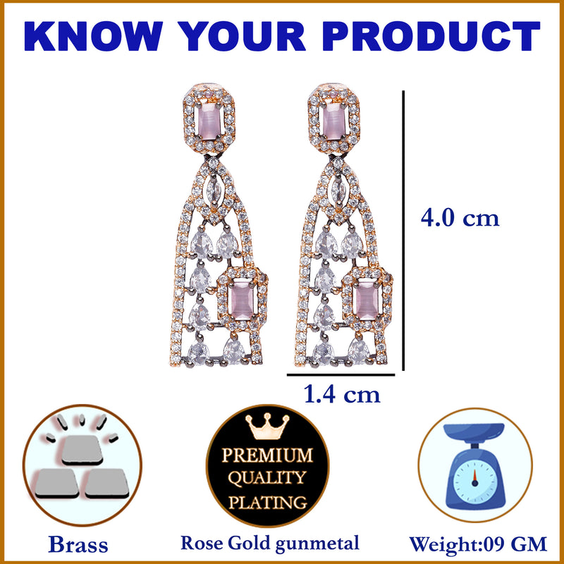 Rose Gold-Plated Gunmetal Toned Pink American Diamond studded Classic Drop Earrings