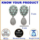 Rhodium-Plated Gunmetal Toned Sea Green American Diamond Teardrop Shaped Drop Earrings