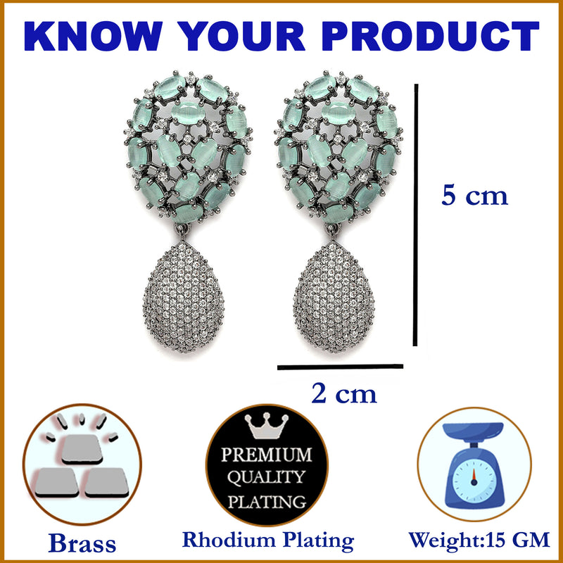 Rhodium-Plated Gunmetal Toned Sea Green American Diamond Teardrop Shaped Drop Earrings