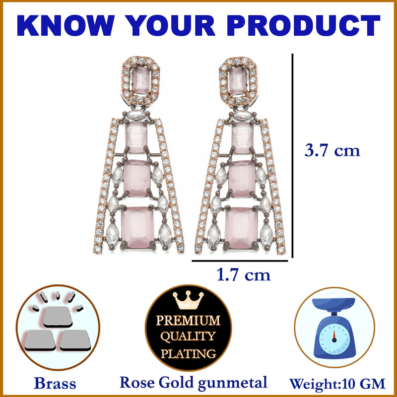 Rose Gold-Plated Gunmetal Toned Pink American Diamond studded Contemporary Drop Earrings