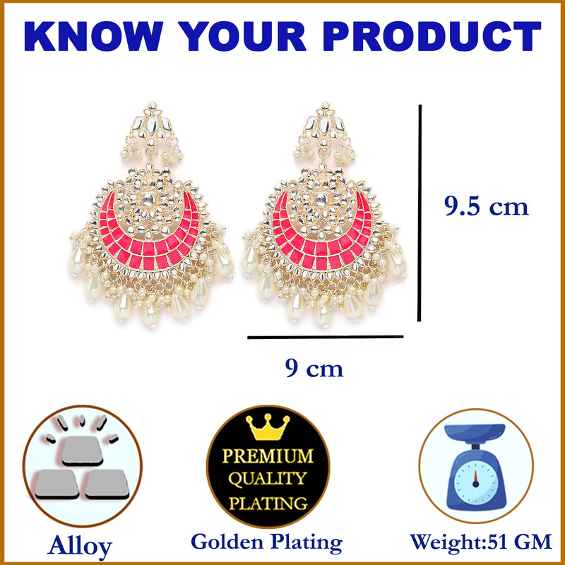 Gold-Plated Kundan studded Red & Off-White Crescent Shaped Chandbali Earrings