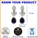 Rhodium-Plated Navy Blue American Diamond studded Teardrop & Leaf Shaped Drop Earrings