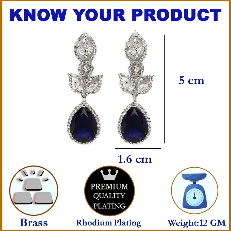Rhodium-Plated Navy Blue American Diamond studded Teardrop & Leaf Shaped Drop Earrings