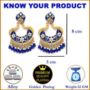Gold-Plated Navy Blue Kundan & White Pearls studded Peacock Shaped Handcrafted Drop Earrings