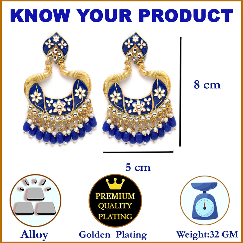 Gold-Plated Navy Blue Kundan & White Pearls studded Peacock Shaped Handcrafted Drop Earrings