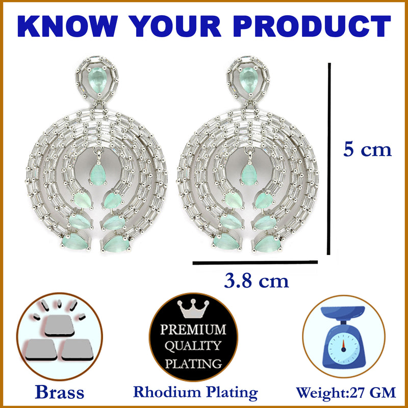Rhodium-Plated with Silver-Tone Sea Green & White American Diamond Studded Circular Contemporary Drop Earrings