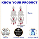Red & White Rhodium-Plated with Silver-Tone American Diamond Studded Chandelier Earrings
