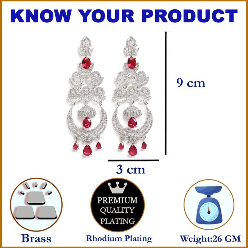 Red & White Rhodium-Plated with Silver-Tone American Diamond Studded Chandelier Earrings