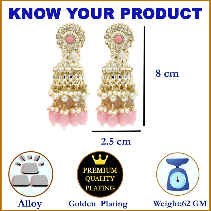 Gold-Plated Pink Kundan & White Pearls studded Dome Shaped Vilandi Jhumka Earrings