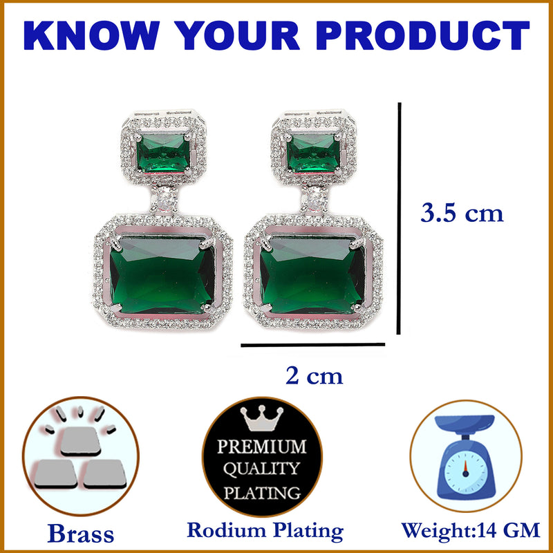 Rhodium-Plated Silver Toned Green & White American Diamond studded Square Shaped Drop Earrings