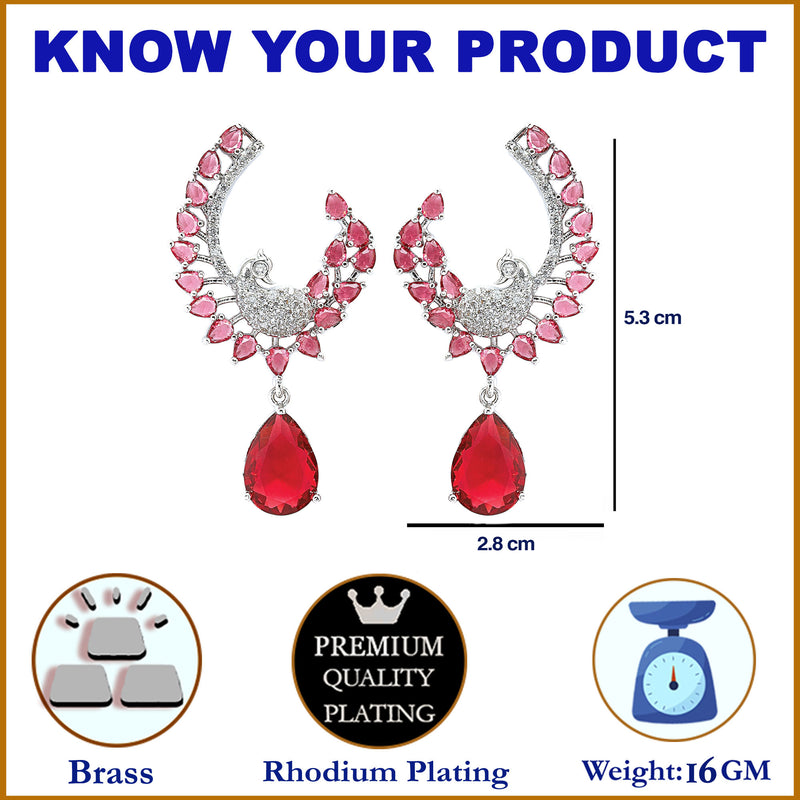 Rhodium-Plated Red American Diamond studded Peacock & Feather Shaped Drop Earrings