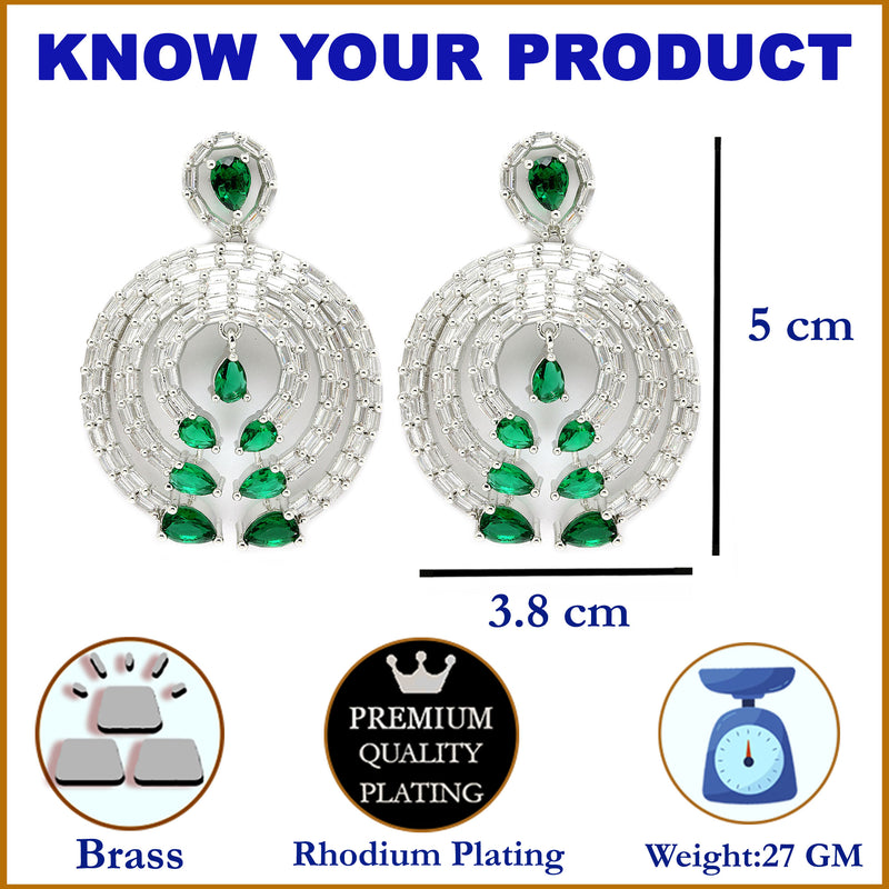 Rhodium-Plated with Silver-Tone Green & White American Diamond Studded Circular Contemporary Drop Earrings