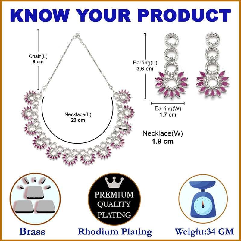 Rhodium-Plated Magenta American Diamond Studded Classic Necklace with Earrings Jewellery Set