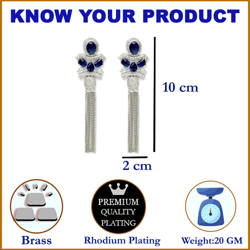 Rhodium-Plated With Silver-Toned American Diamond Studded Drop Earrings