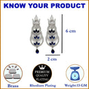 Rhodium-Plated Silver Toned Navy Blue & White American Diamond studded Crescent Shaped Drop Earrings