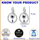 Rhodium-Plated Navy Blue & White American Diamond studded Oval Shaped Drop Earrings