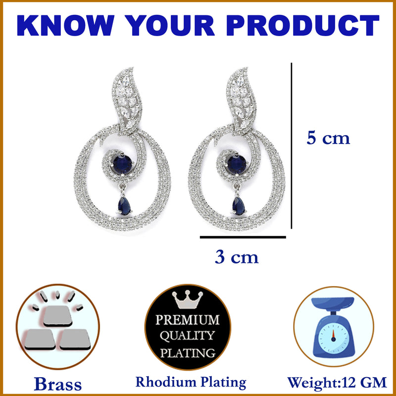 Rhodium-Plated Navy Blue & White American Diamond studded Oval Shaped Drop Earrings