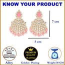 Gold-Plated Pink & White Kundan studded Contemporary Drop Earrings