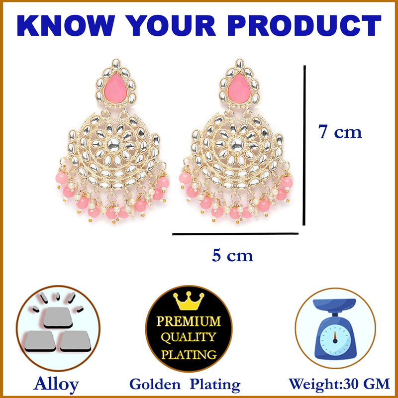 Gold-Plated Pink & White Kundan studded Contemporary Drop Earrings