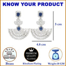 Rhodium-Plated Navy Blue & White American Diamond studded Leaf Shaped Drop Earrings